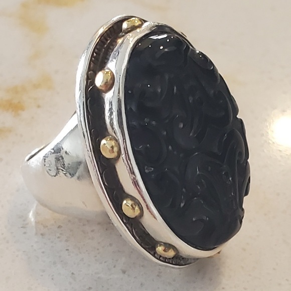 Ring Silpada Into The Night. Carved Black Agate Sterling Silver w brass accents - Picture 1 of 4